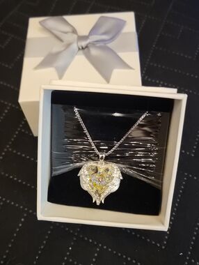 Silver Heart Pendant Necklace with Yellow Crystal Accent - Women Jewelry